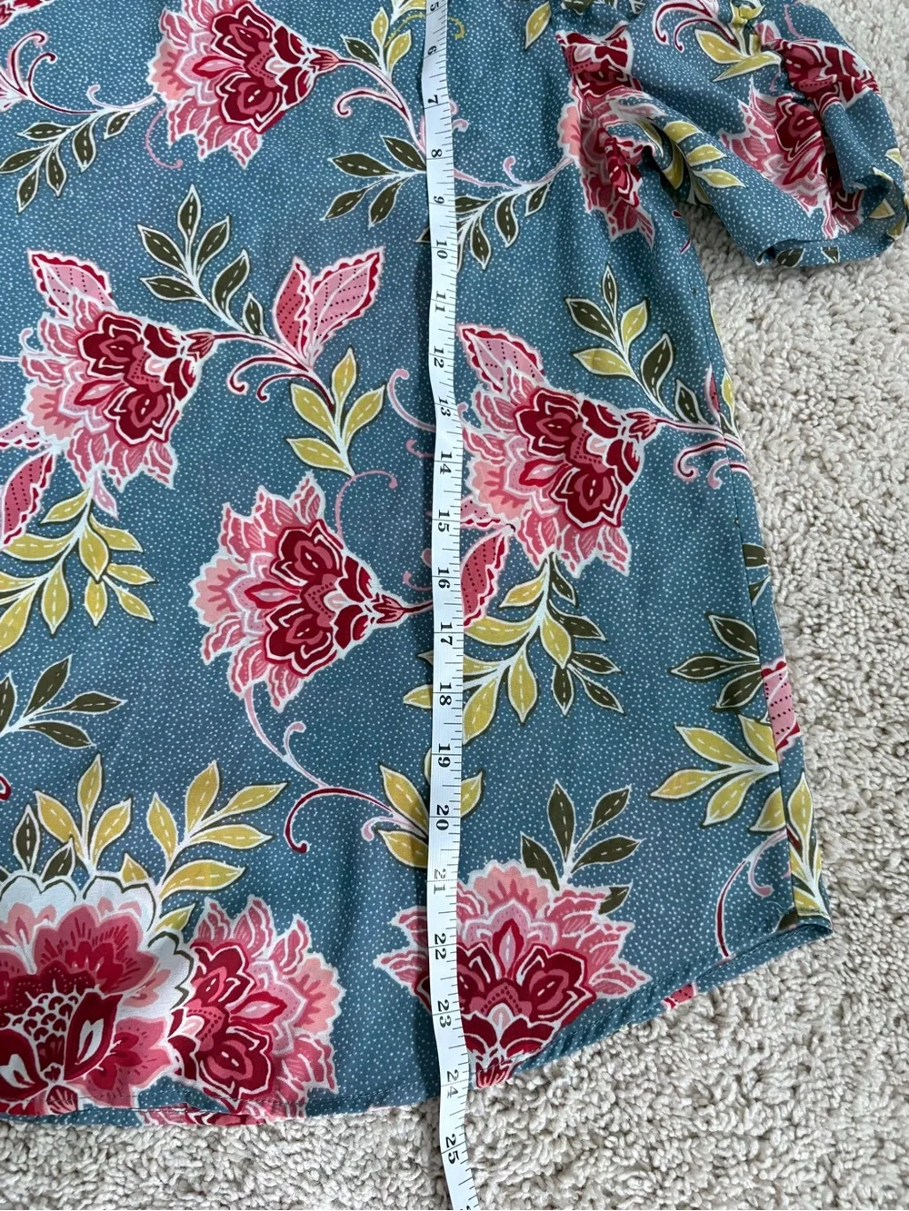 LOFT XS Blue Floral Puff-Sleeve Blouse with Pink Blooms
